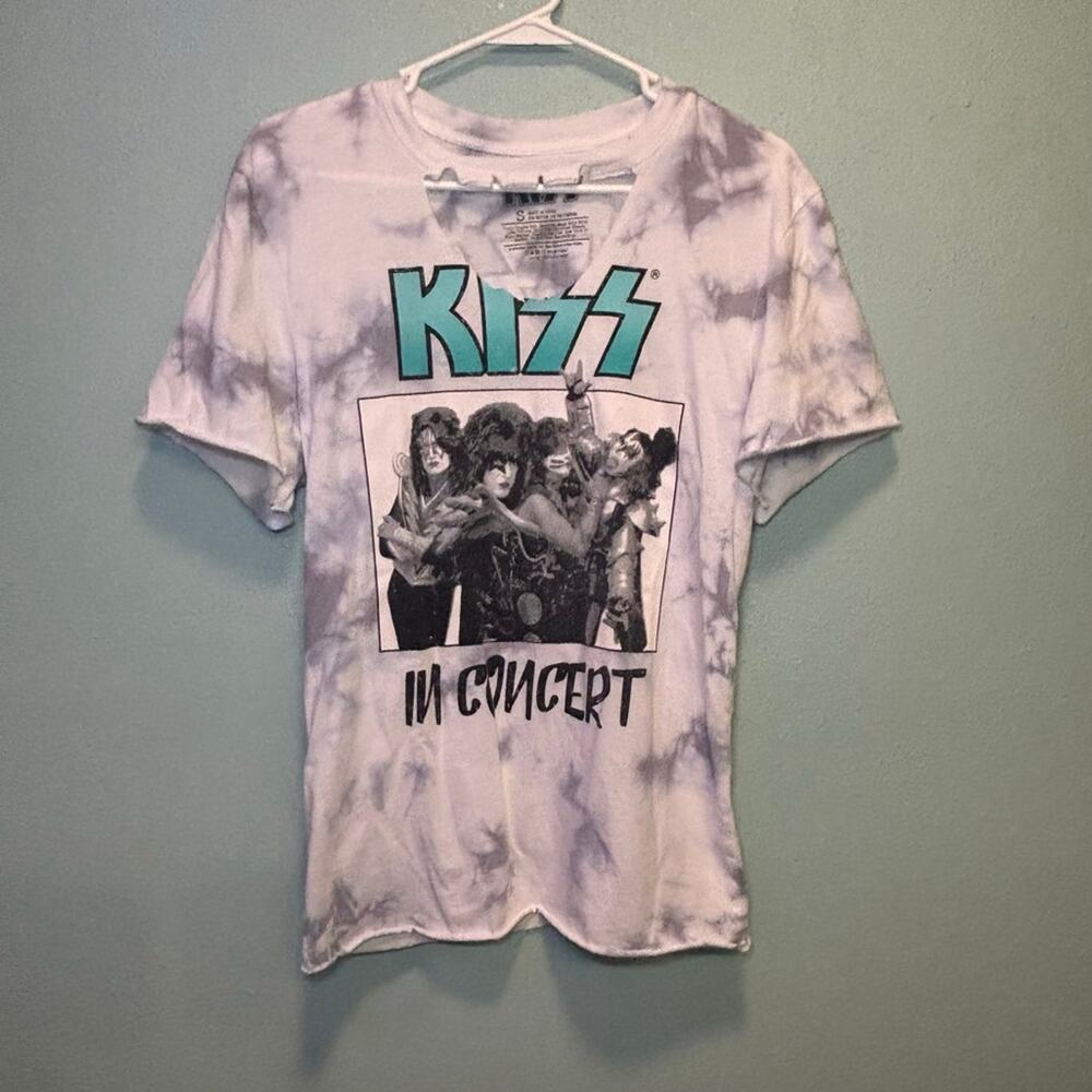 Women's KISS White Grey Tie-Dye Teal Logo In Concert Short Sleeve Tee S - Picture 1 of 6